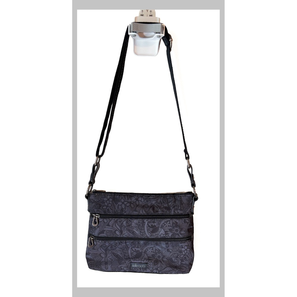 Sakroots Grey Floral Crossbody Bag Coated Canvas Multi Pocket Adjustable Strap